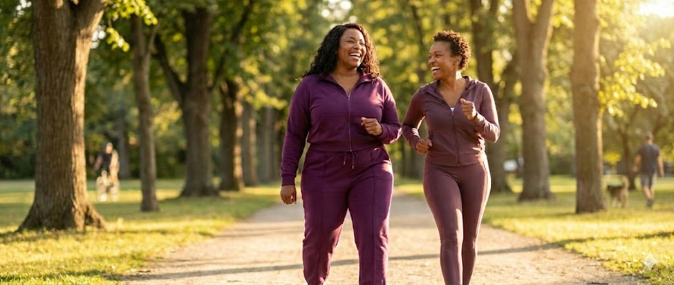 Two vibrant African American women in their 40s powerwalking in a sunlit park, laughing and talking. One wears a purple jogging suit. In the background, a person walks a dog, and a cyclist rides by.