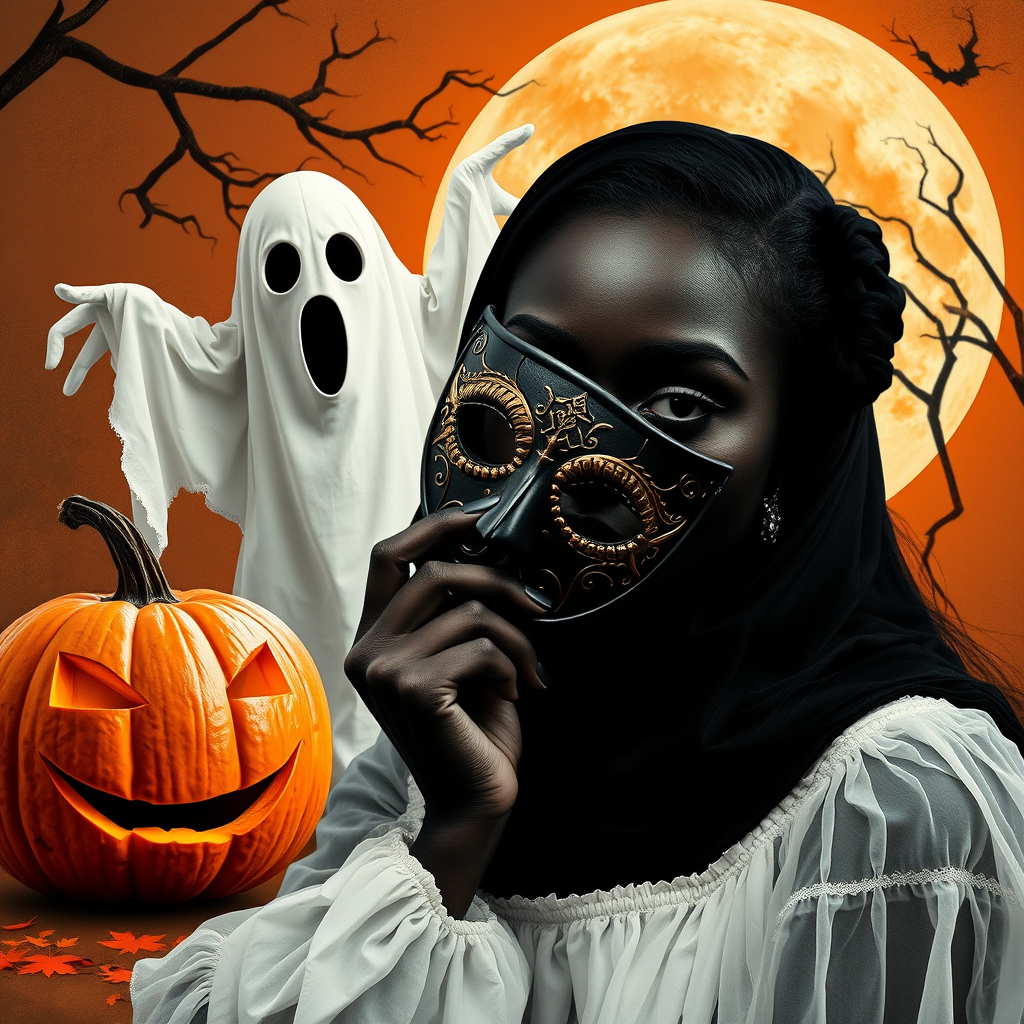 Spooky Season - Jack-o-lanterns, ghosts, full moon, and masks.