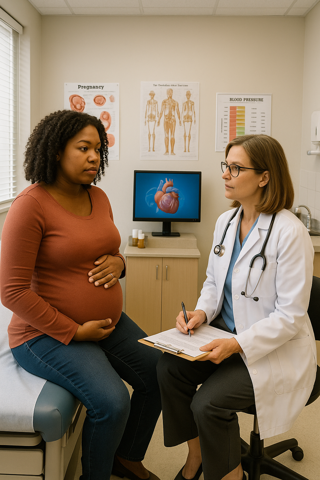 A doctor and a pregnant patient discuss prenatal care in a medical office, highlighting the importance of regular check-ups and vaccines during pregnancy.